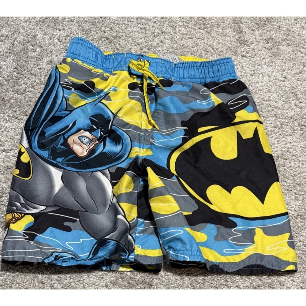 Batman Fighting Blue Black Yellow Swim Suit Trunk Swimsuit Shorts Boys Size 6/7